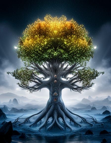 Yggdrasil with roots and leaves, tree, magical, detailed mat...