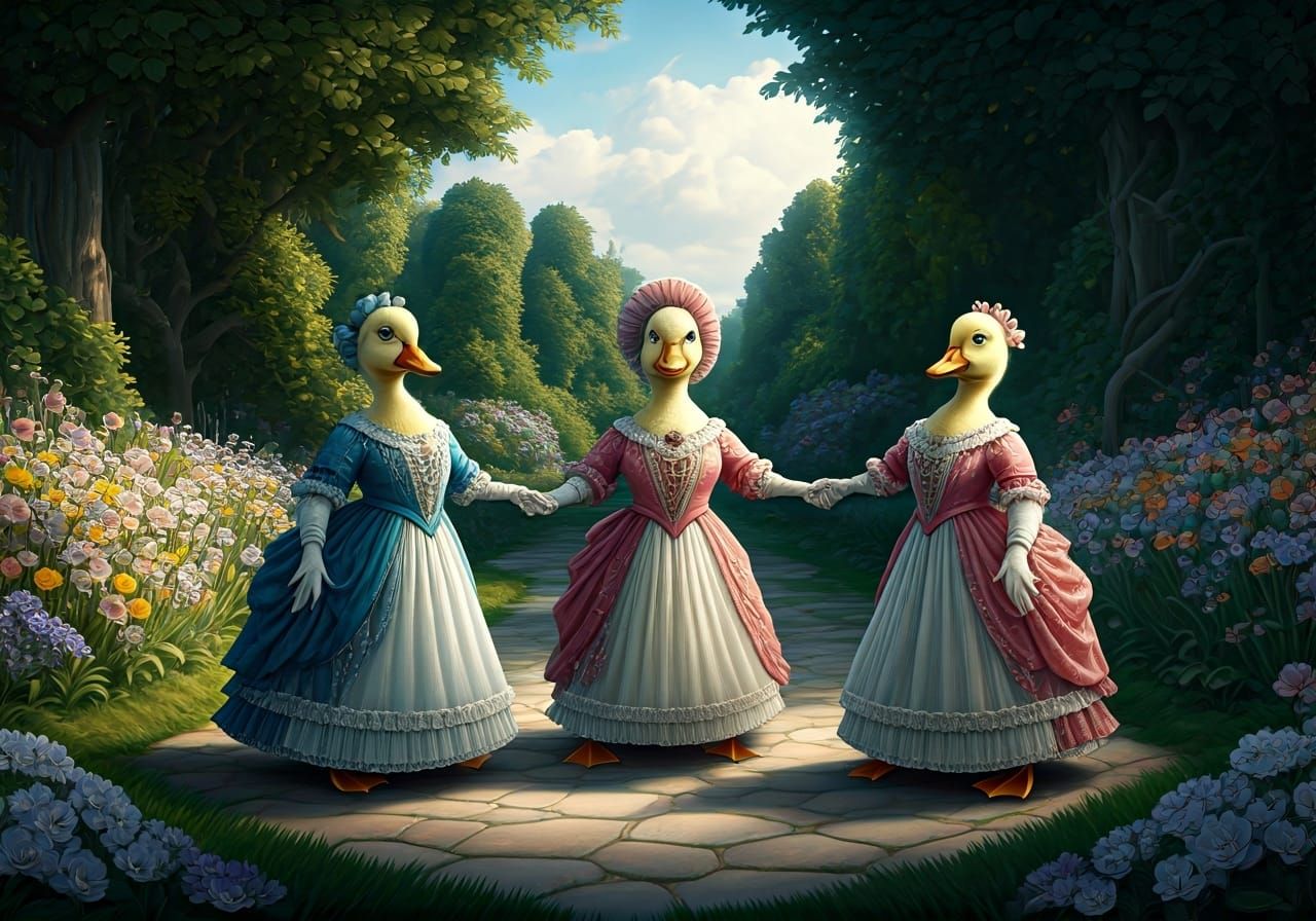 Victorian Ducklings Dance in a Fairytale Garden