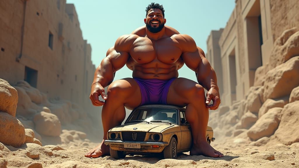 Titan Bodybuilder Crushes Car: High-Fantasy Art