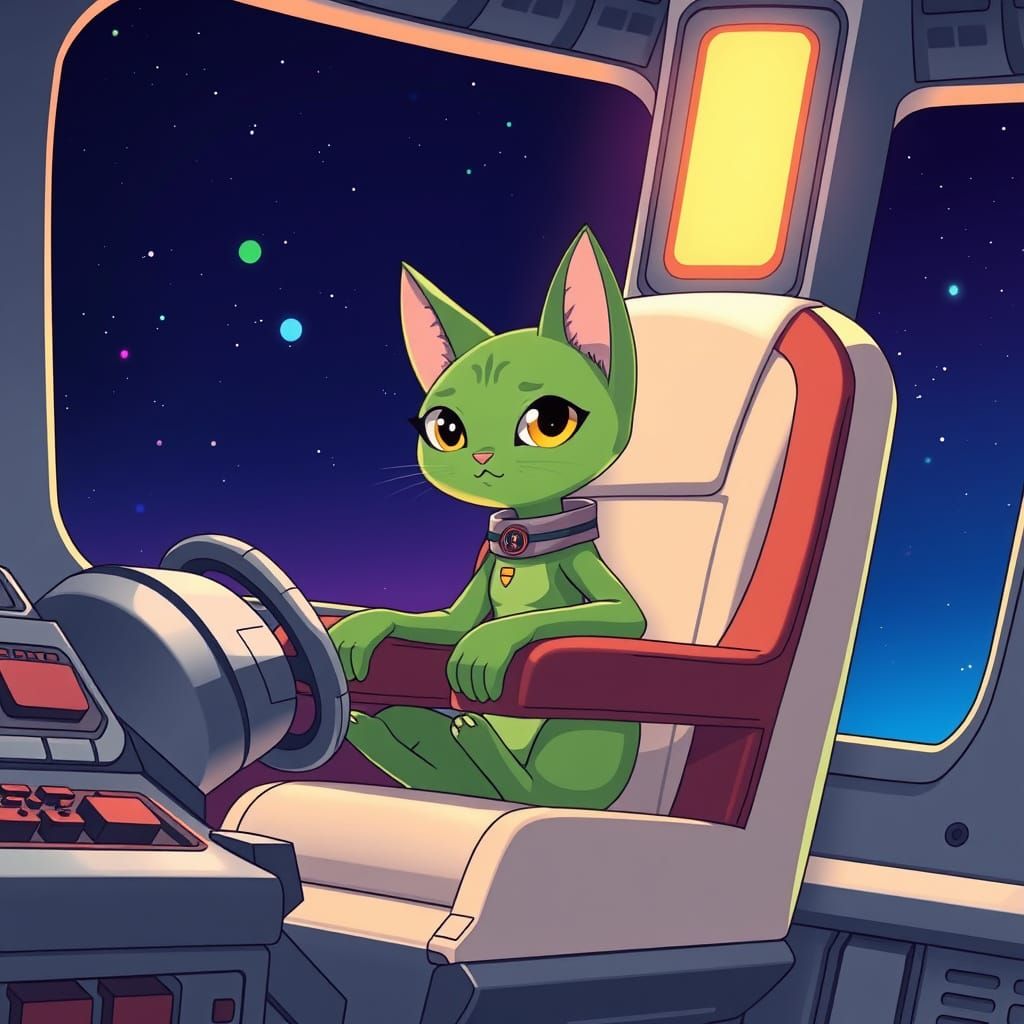 Surreal Anime-Style Alien Cat Rules the Cosmic Ship