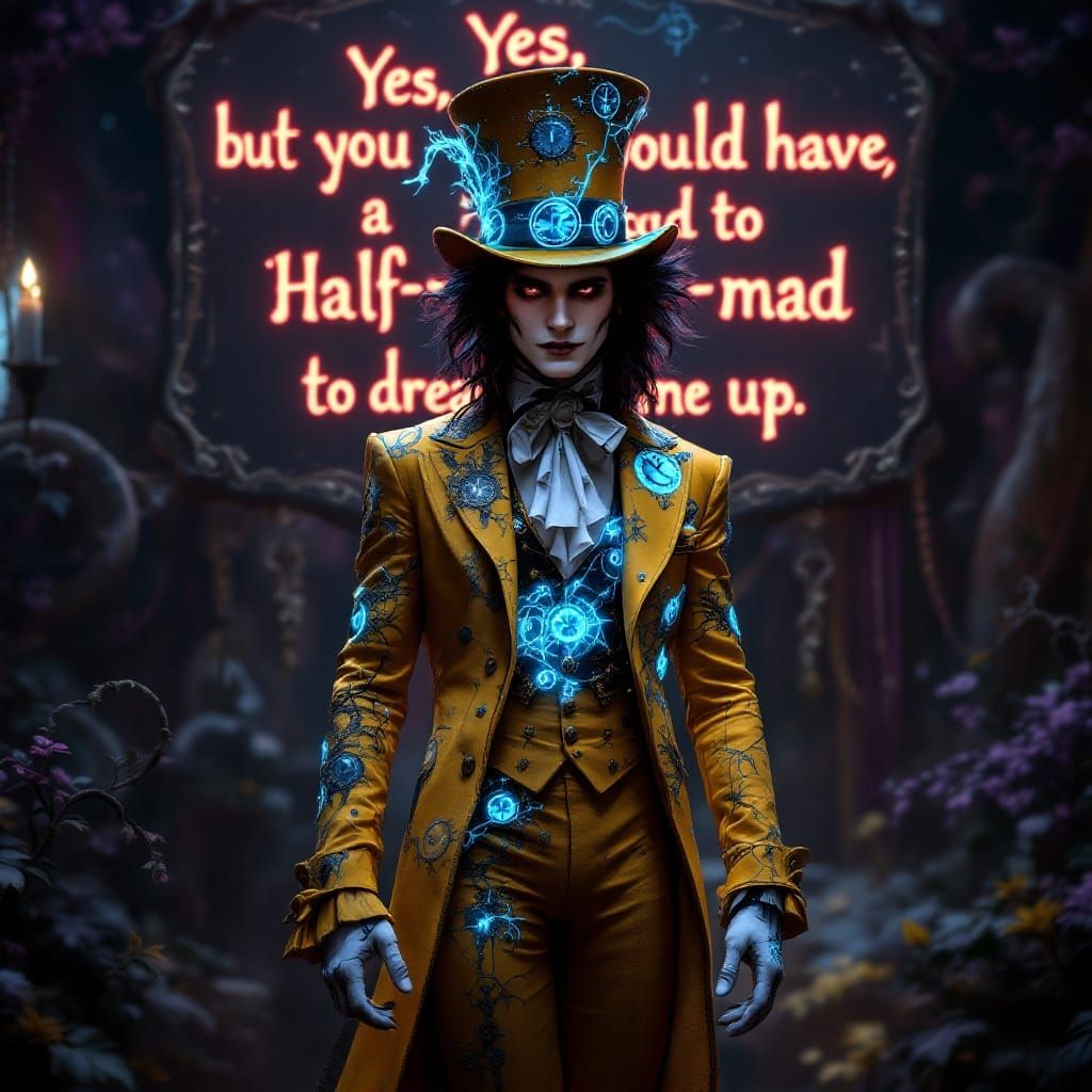 Majestic Goth Mad Hatter in Intricate Yellow Suit and Biolum...