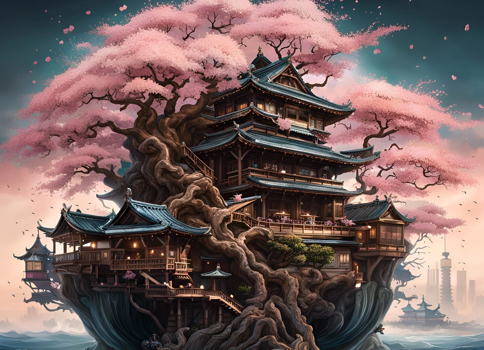 Cherry Blossom Bonsai Treehouse in Japanese Architecture