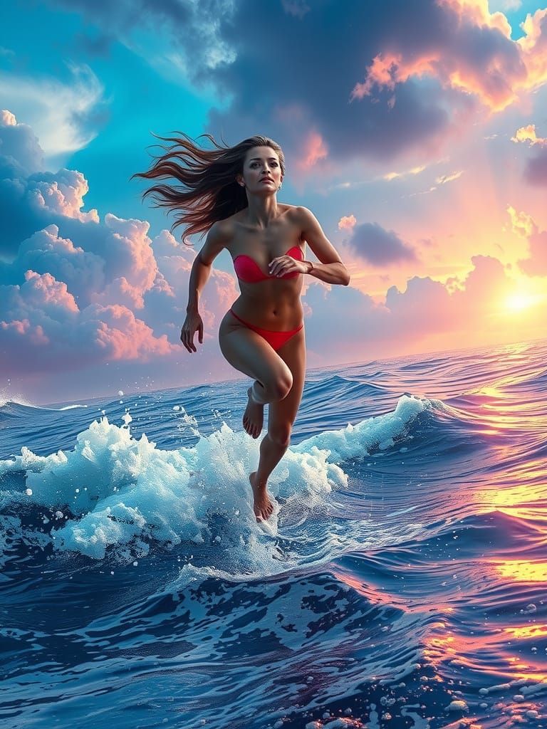 Futuristic Goddess Dances on the Ocean's Surface in a Dreaml...