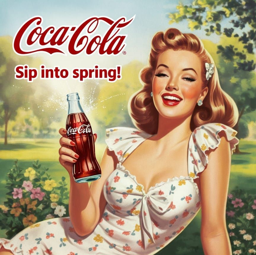 Vintage Pin-Up Model Sips Coke in 1950s Springtime