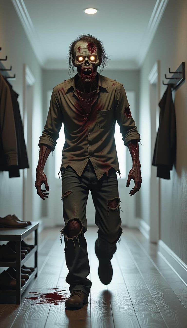 Zombie in Modern Hallway: Cinematic Horror