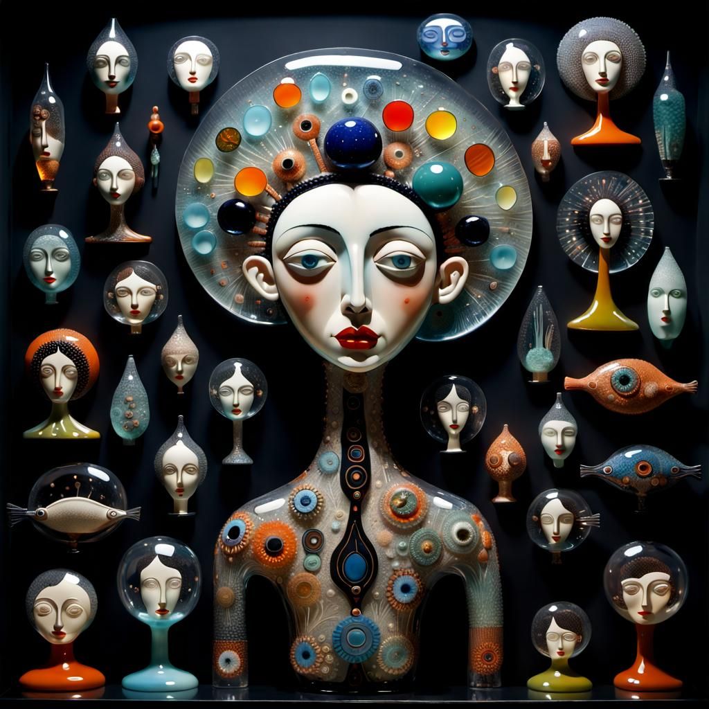 Glass Lady with Miniature Heads in Outsider Art Style