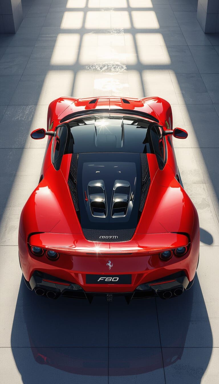 Ferrari F80 Rear View in Radiant Red Under Sunlight