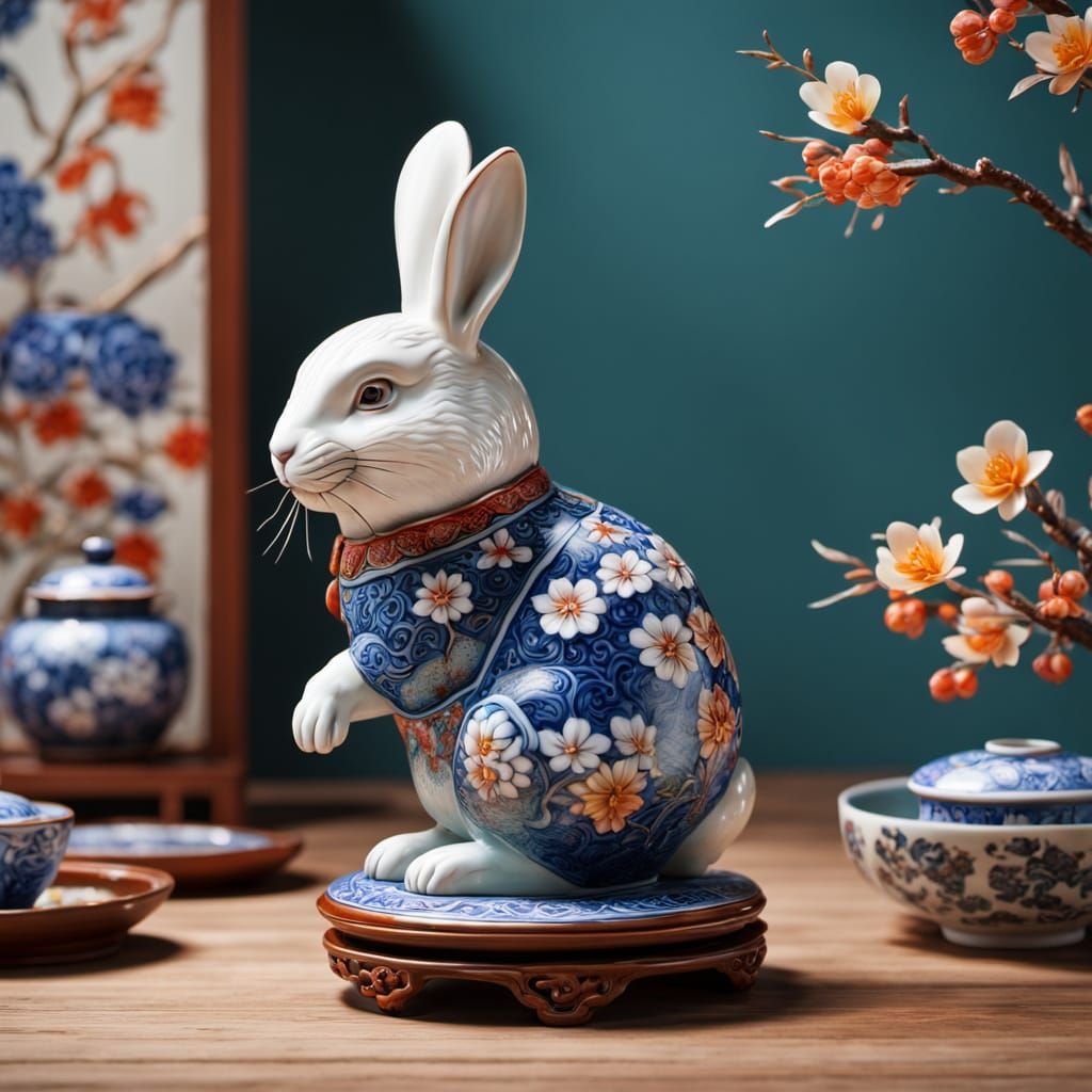Chinese Porcelain Bunny Statue on Steel Spring
