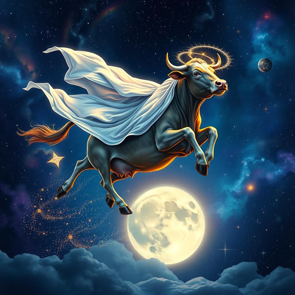 Cosmic Cow Leaps Over Moon in Astral Illustration