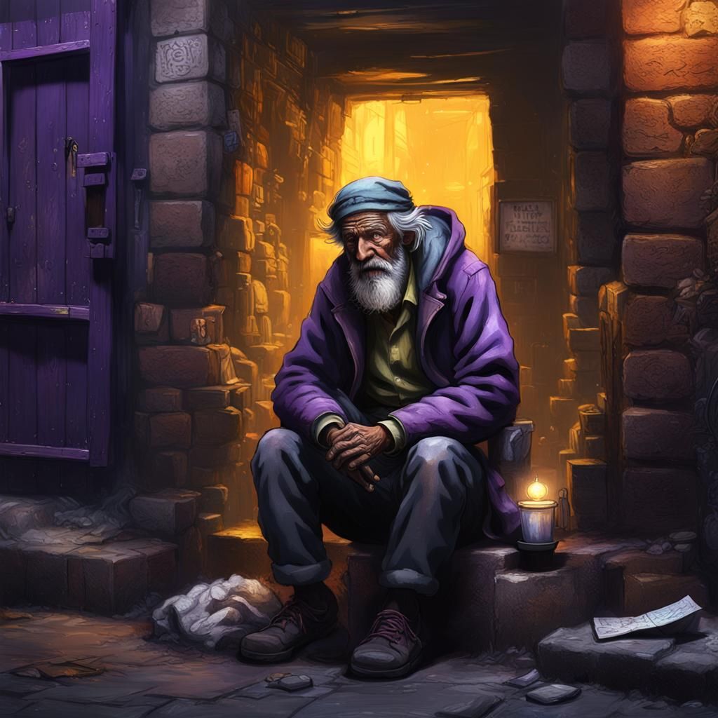 Homeless Man with Halo in Dark Fantasy Style