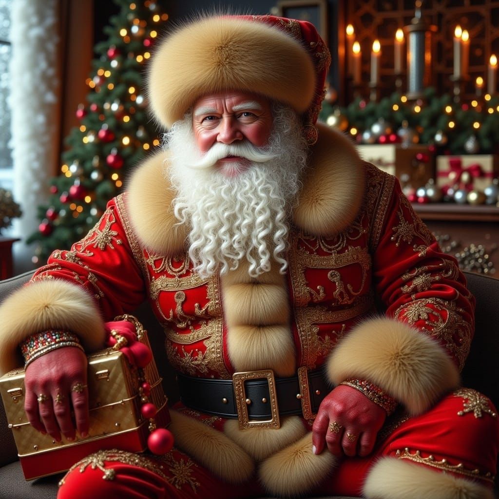 Santa Wears Elegant Red Jumpsuit with Gold Fur Accents