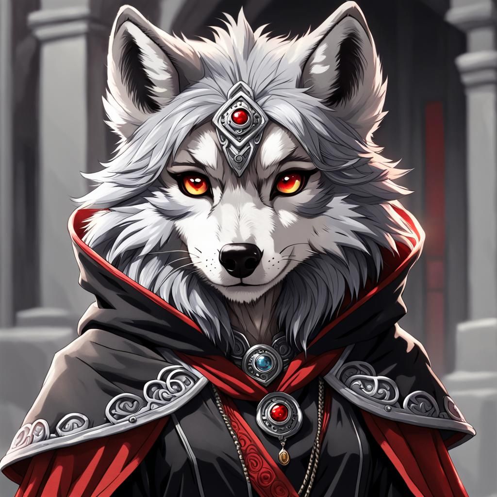 Happy Furry Wolf in Black Robes, Anime Style
