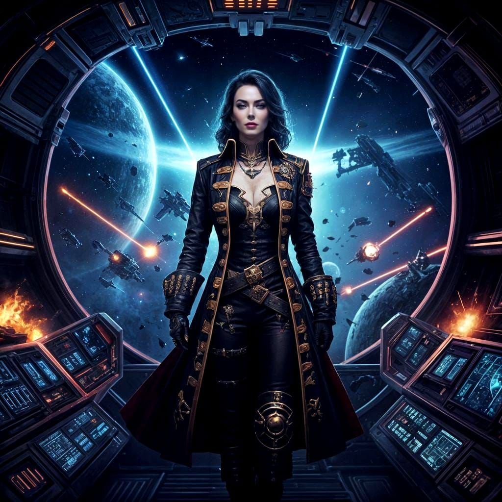 Lady Space Pirate Captain in Dynamic Action Scene