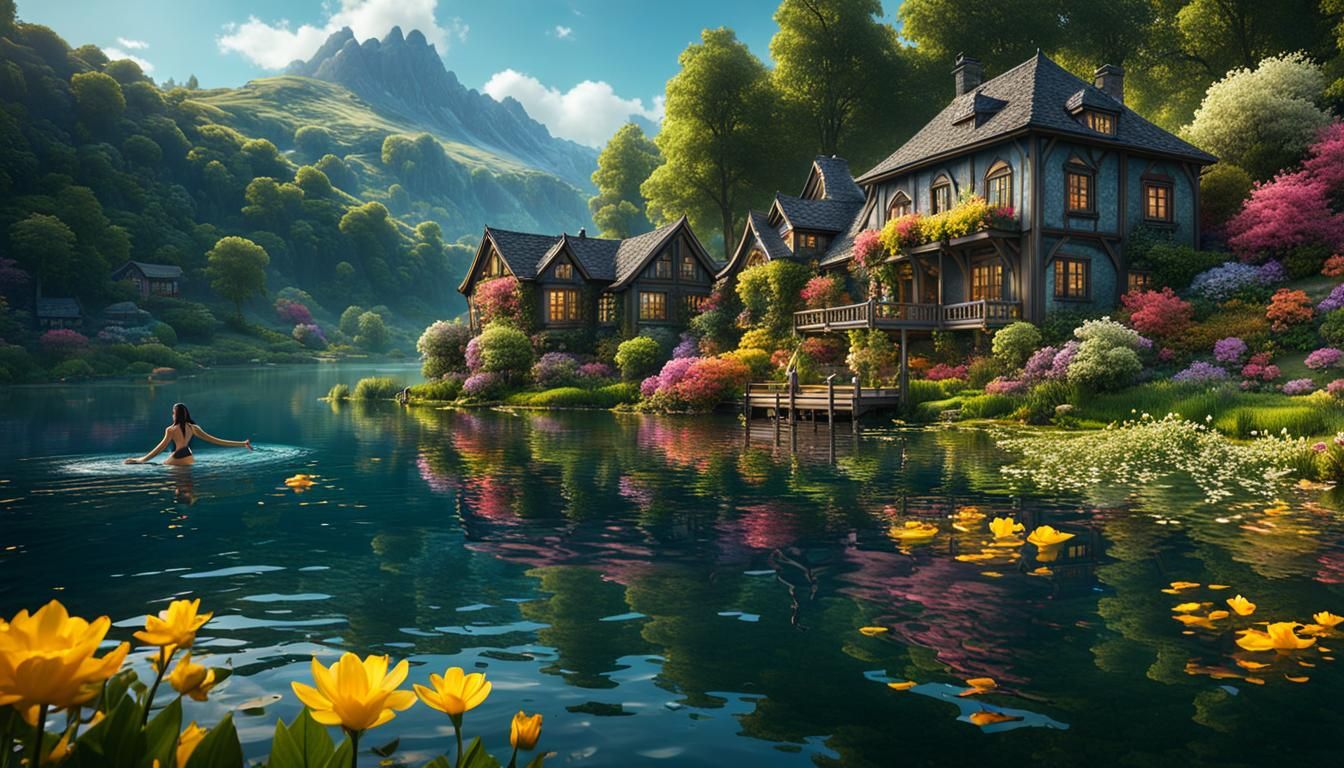 Scenic Lake Swim: Detailed Matte Painting in 8K