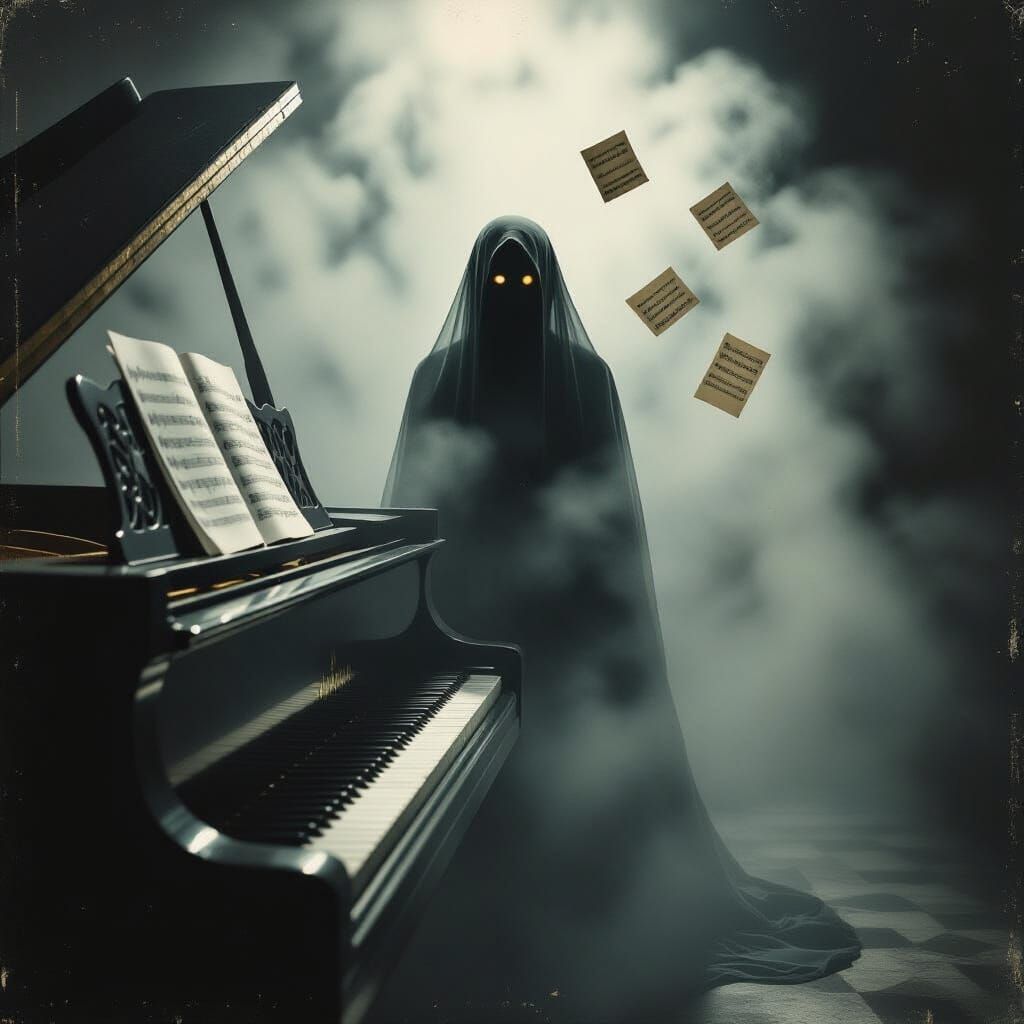 Ghostly Figure Haunts Piano with Eerie Fog