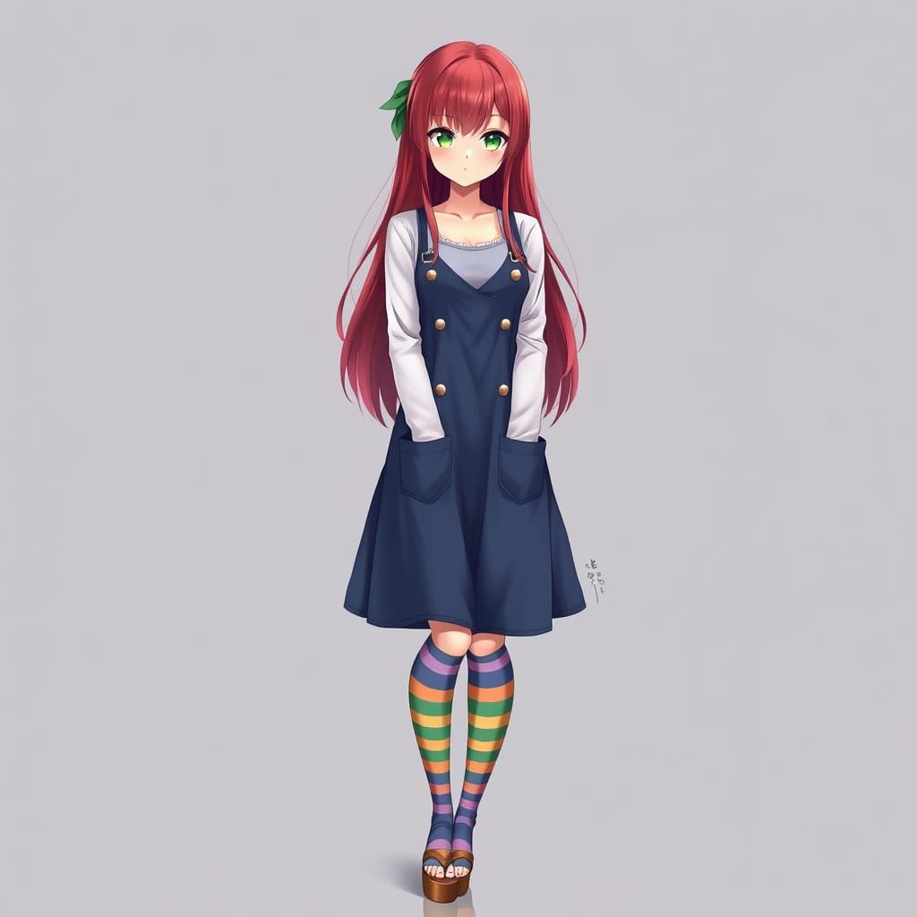 Cute Japanese Girl in Bright Rainbow Socks and Pinafore Dres...