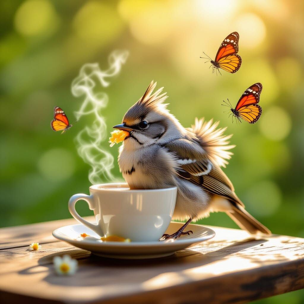 Fluffy Bird Eats Breakfast in Sunny Morning with Butterflies