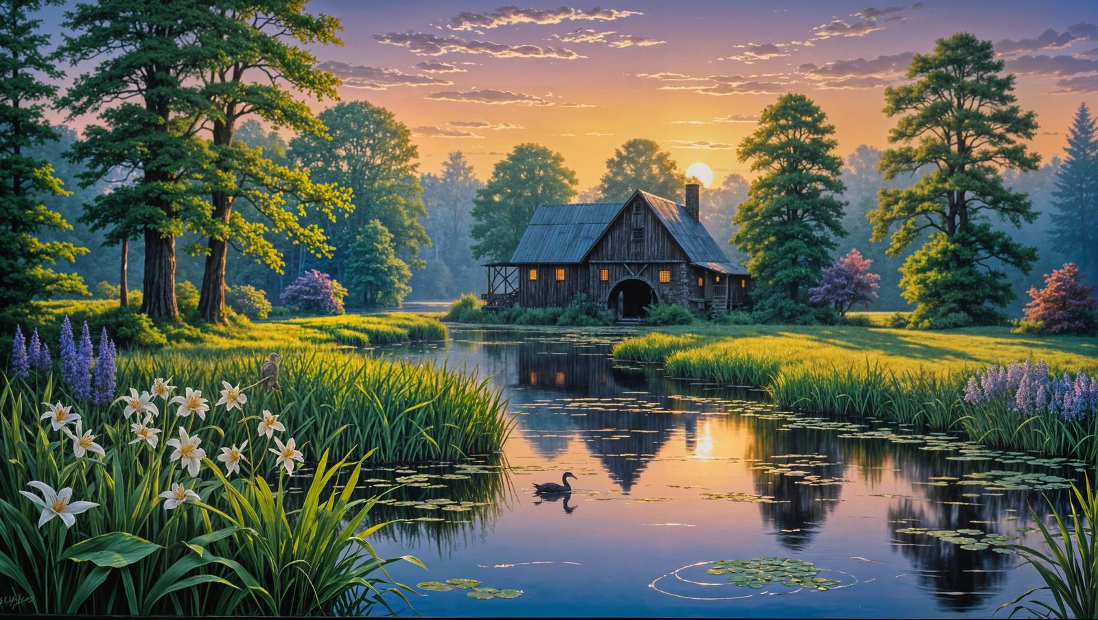 Pennsylvania Pond Sunset in Enameled Glass Style