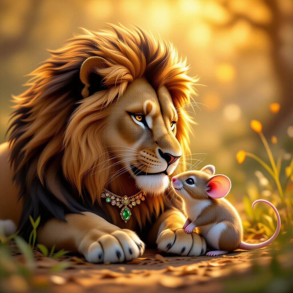 Affectionate Lion and Mouse in Anime Style