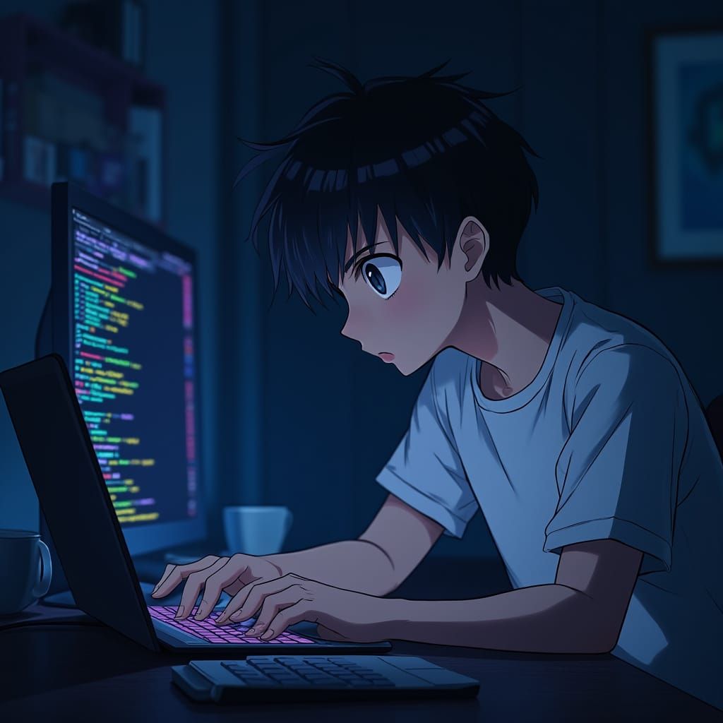 Focused Coder in Dimly Lit Room, Anime Style
