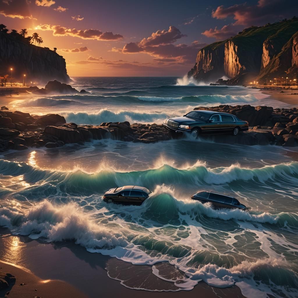 Bioluminescent Waves at Sunset: A Fantasy Concept Art