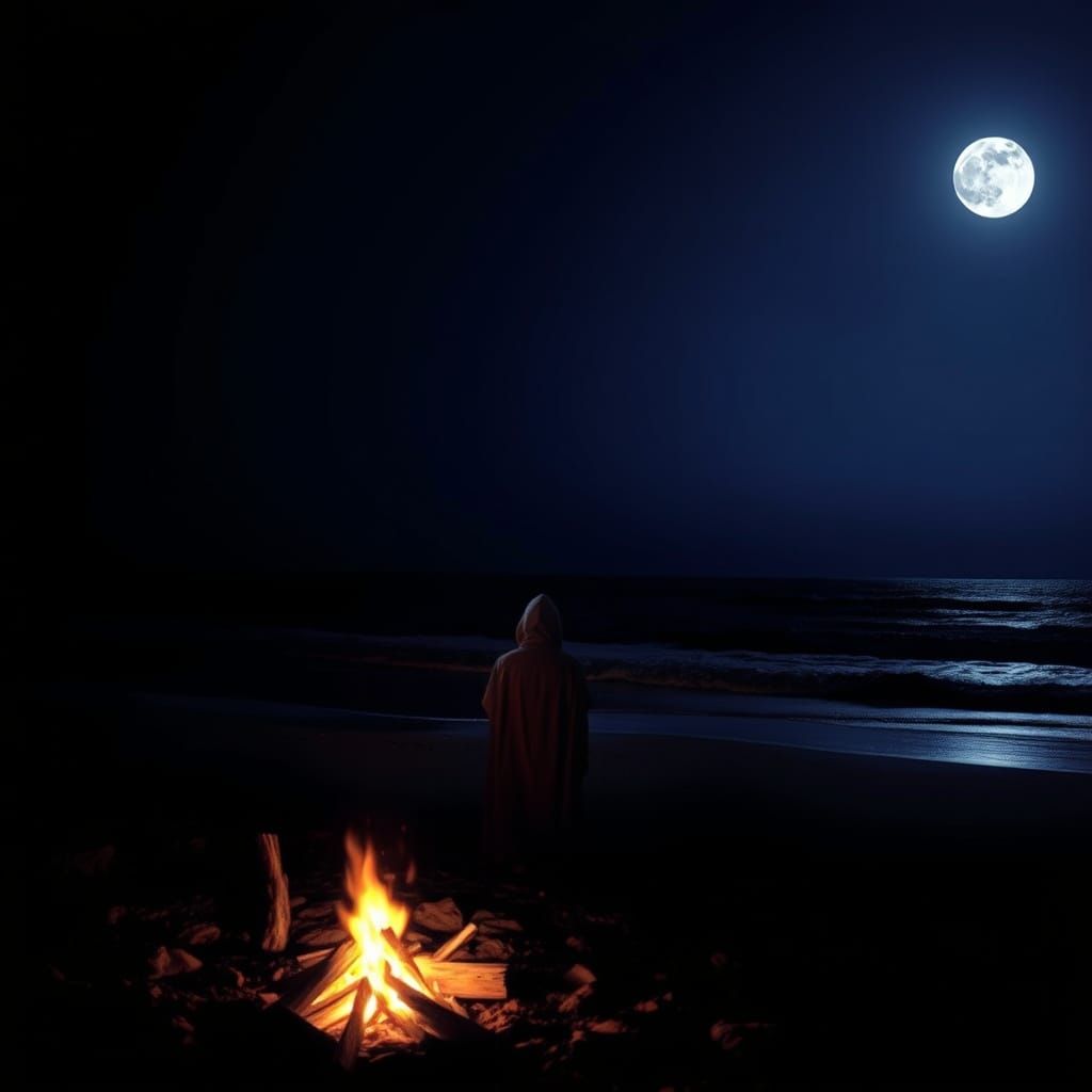 Moonlit Cloaked Figure on Beach in Romantic Style