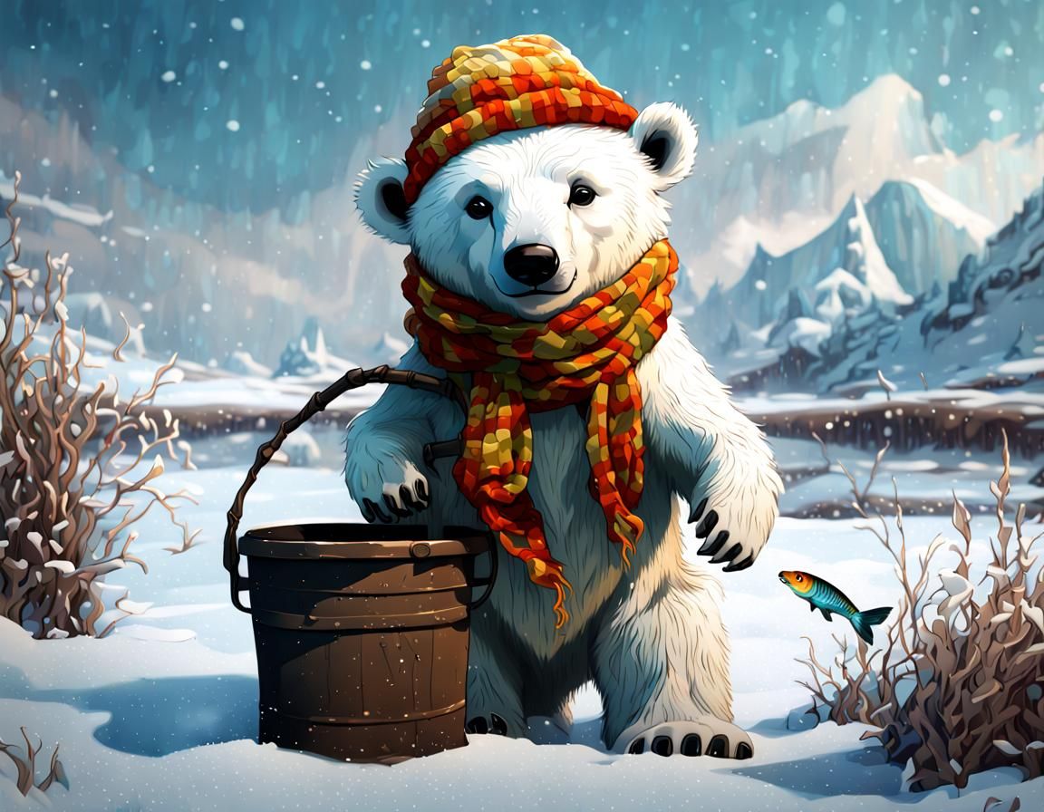 Polar Bear Cub with Fish: Fantasy Concept Art