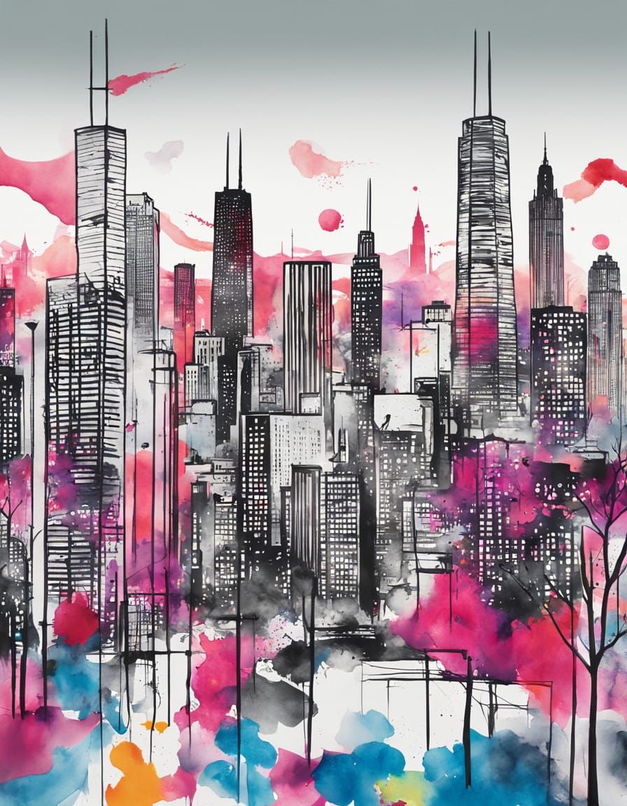 Stylized Chicago Skyline in Vibrant Watercolor Graffiti