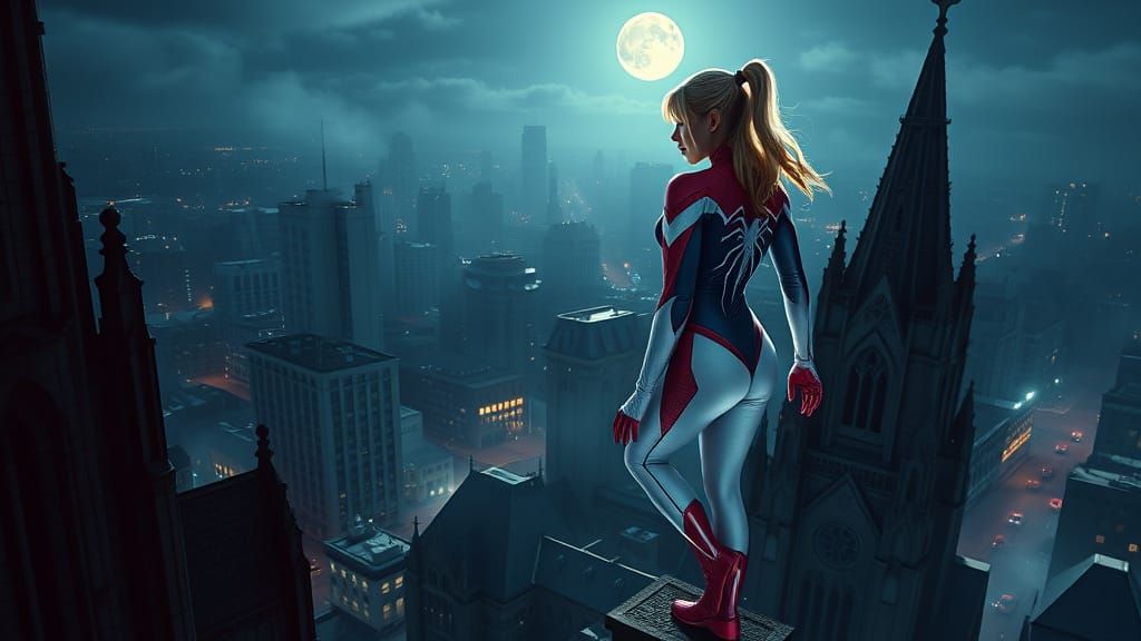 Spider-Gwen Cosplay on Gothic Cathedral Rooftop in Moonlit C...