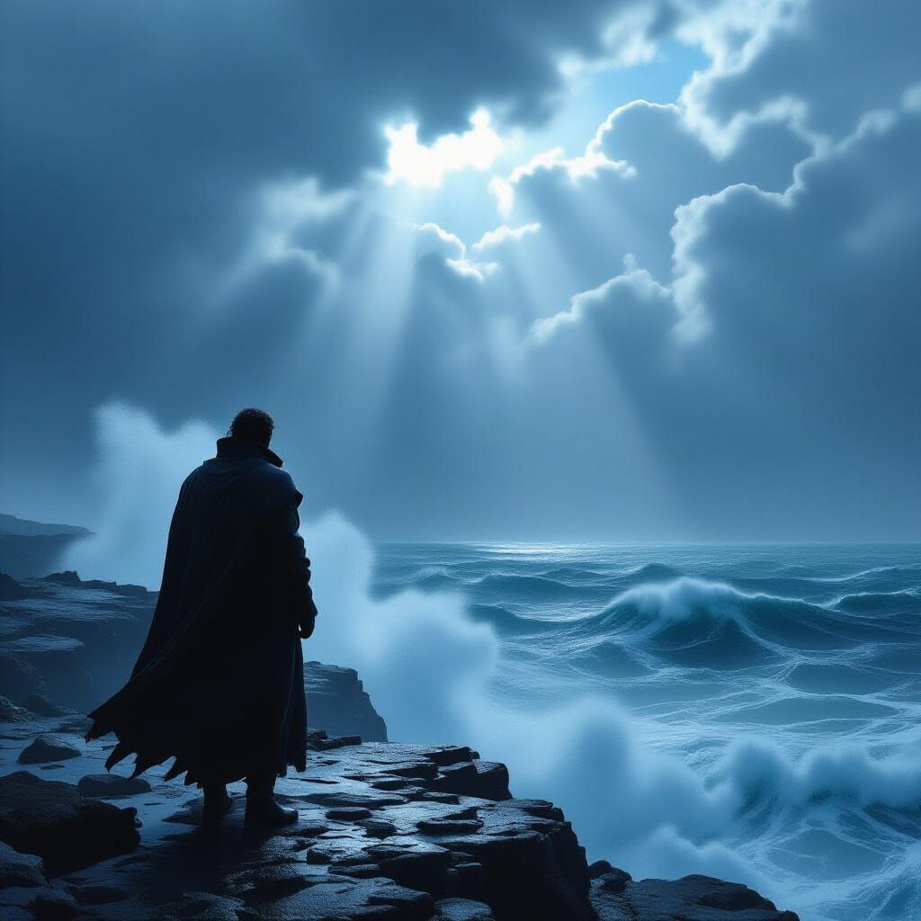 Man on Cliff Overlooking Stormy Sea
