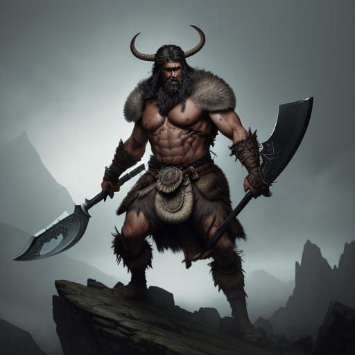 Heroic Barbarian Standing Tall in Dramatic Mountain Landscap...