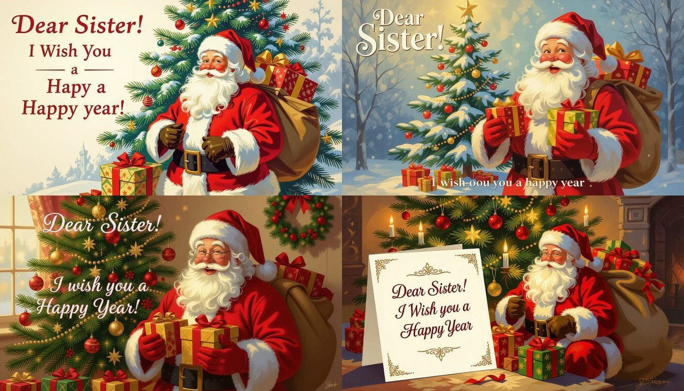 New Year's Card with Santa, Presents, and Tree in Oil Painti...