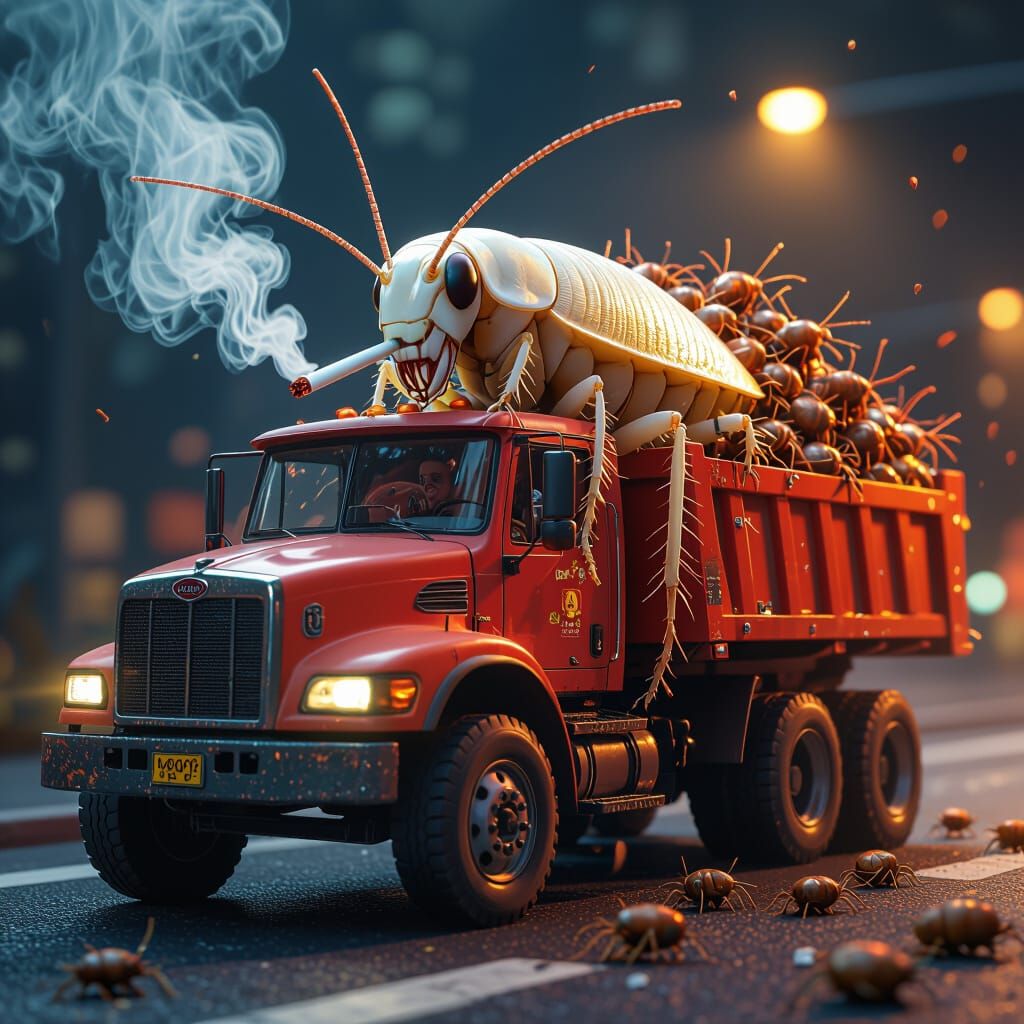 Albino Cockroach Smokes Cigarette Driving Dump Truck