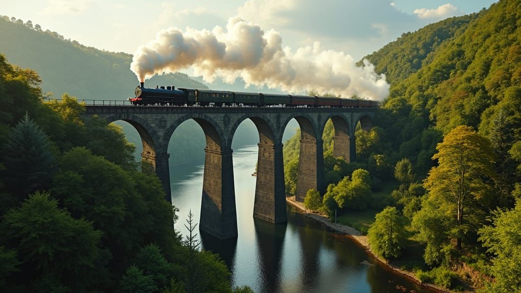 Vintage Steam Train on Victorian Viaduct