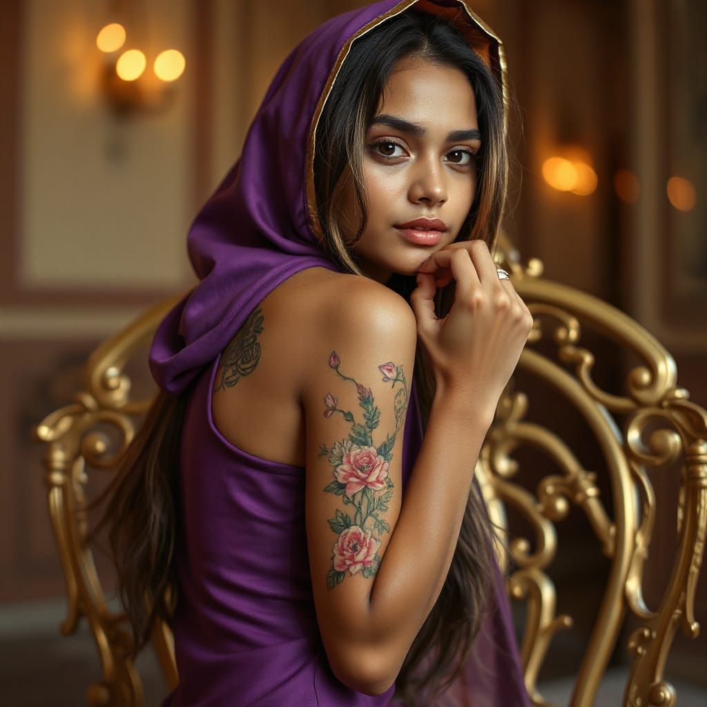 Manipuri Woman with Floral Tattoos in Art Nouveau Style
