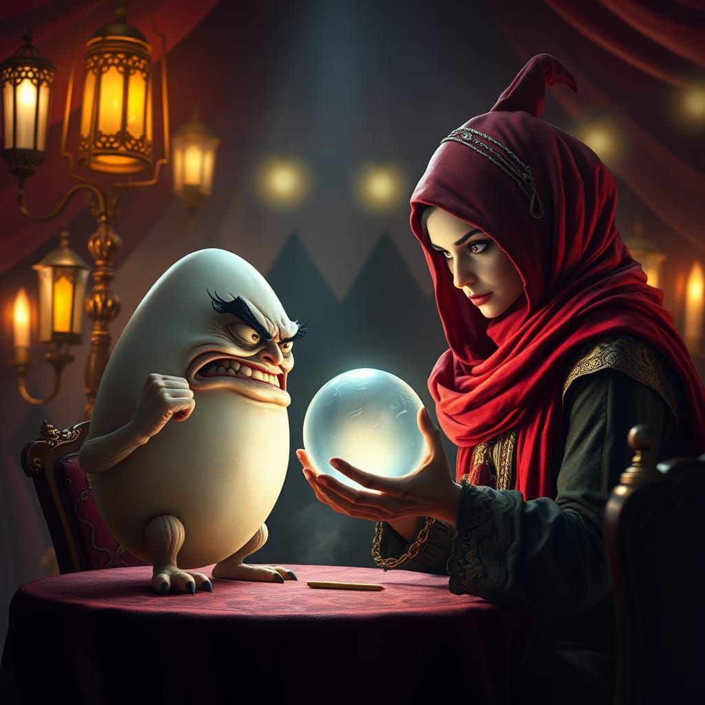Furious Egg Argues With Fortune Teller, High-Fantasy Matte P...