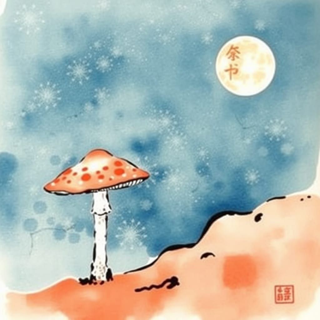 Ethereal Mushroom in Traditional Japanese Brushwork