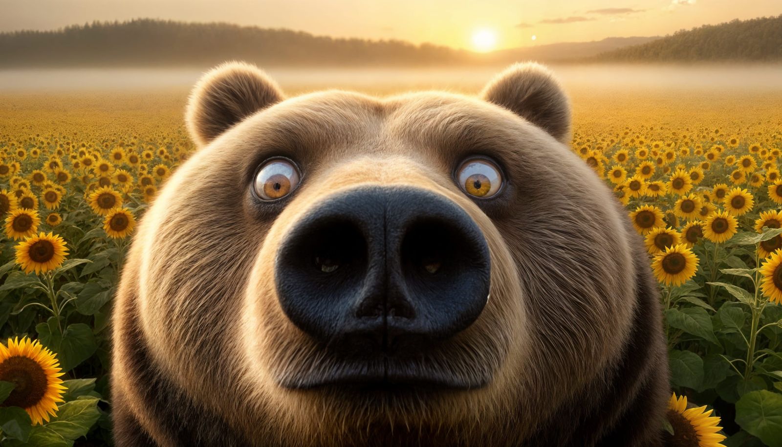 Surprised Bear Close-Up in Sunflower Field