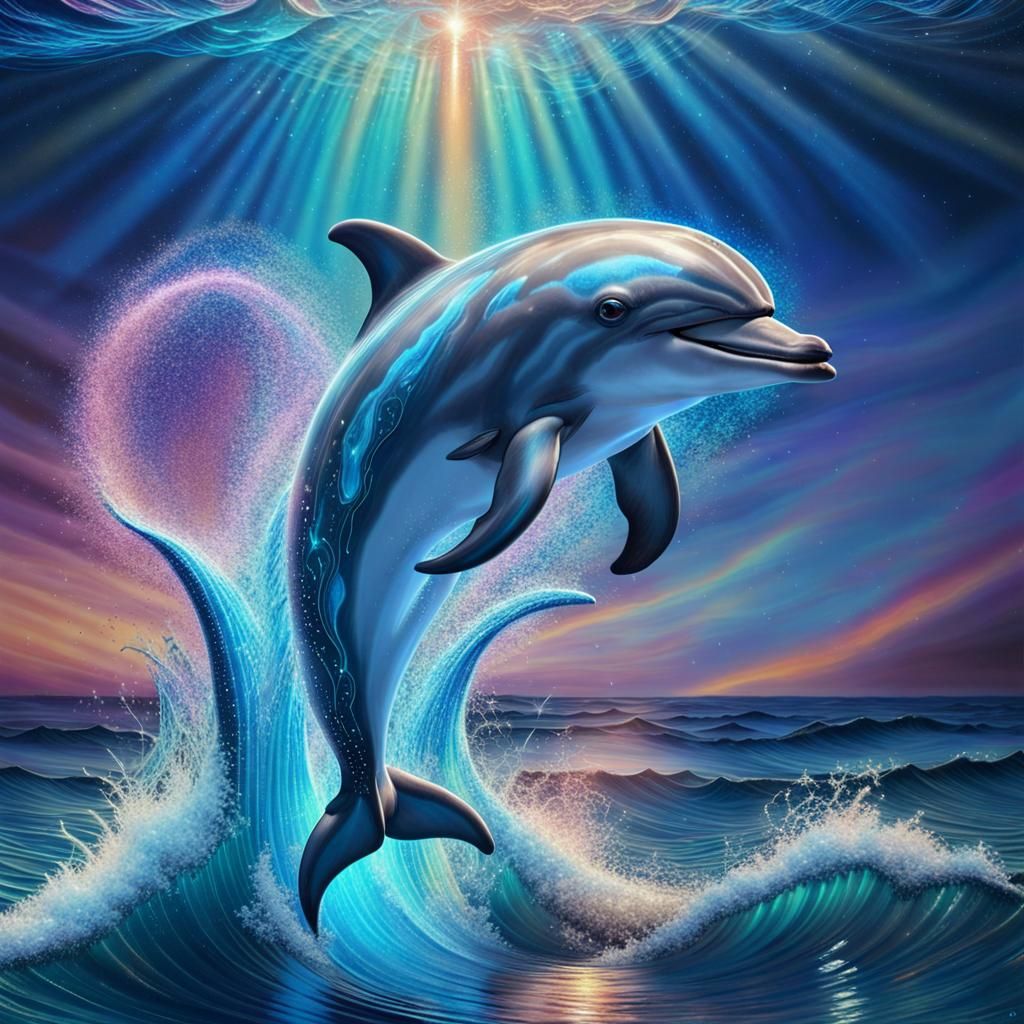 Bioluminescent Dolphin Leaping Through Glittering Waves