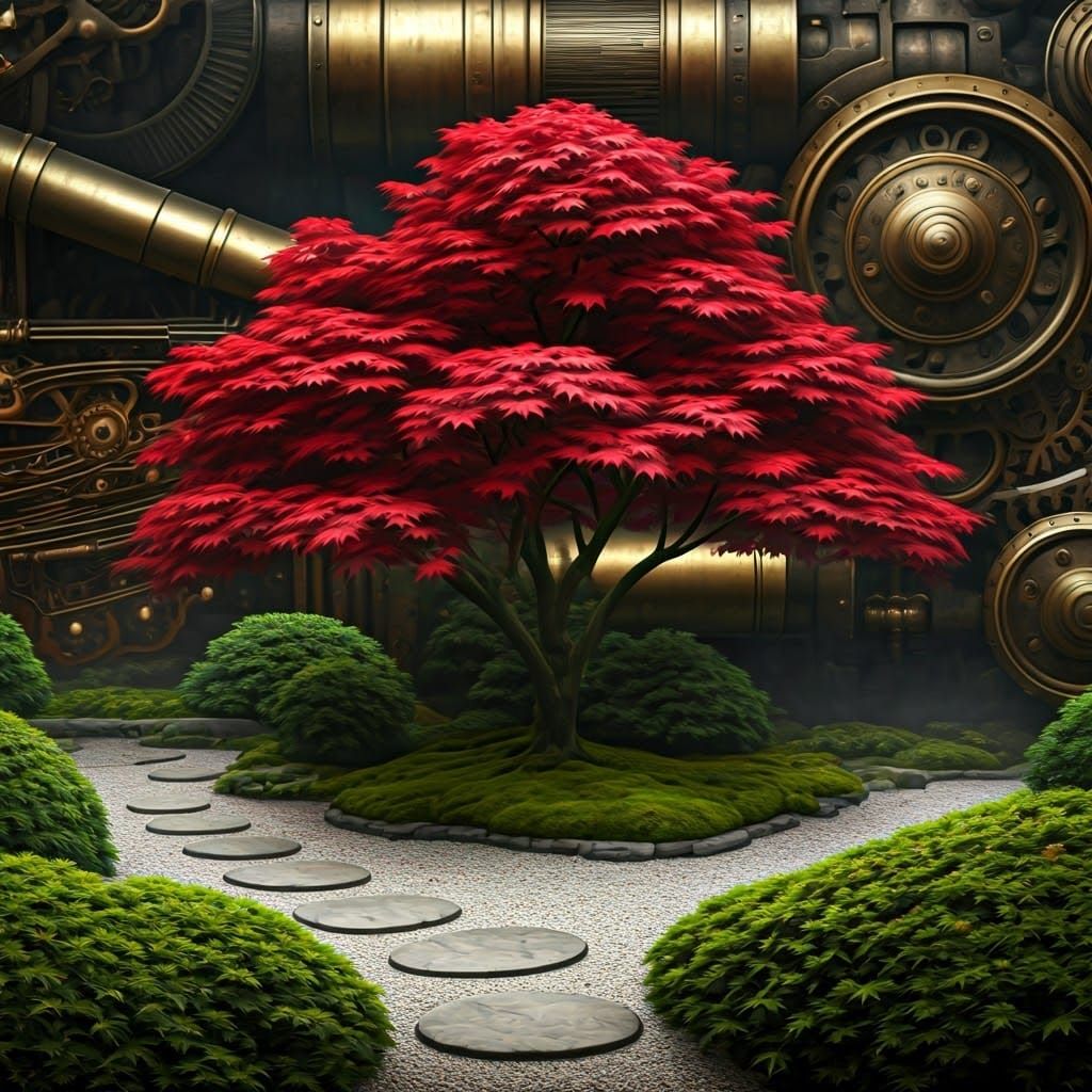 Japanese Maple and Steampunk Garden in Miyazaki Style