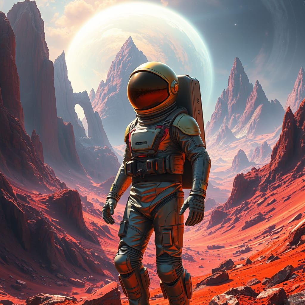 Heroic Astronaut on Distant Planet in Cyberpunk-Inspired Mat...