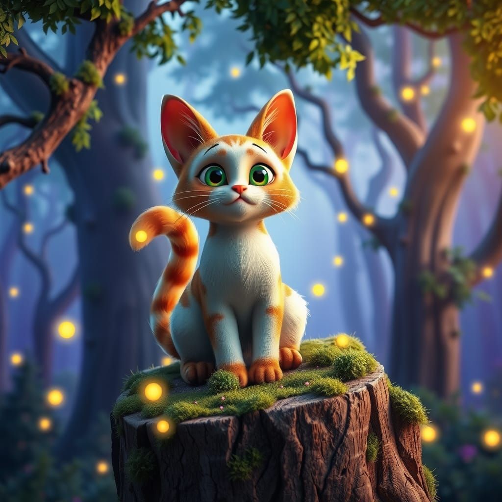 Whimsical Cat in Forest with Fireflies, 3D Render