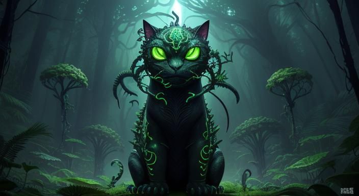 Neon Lizard Cat Merges with Fern in Biomechanical Forest