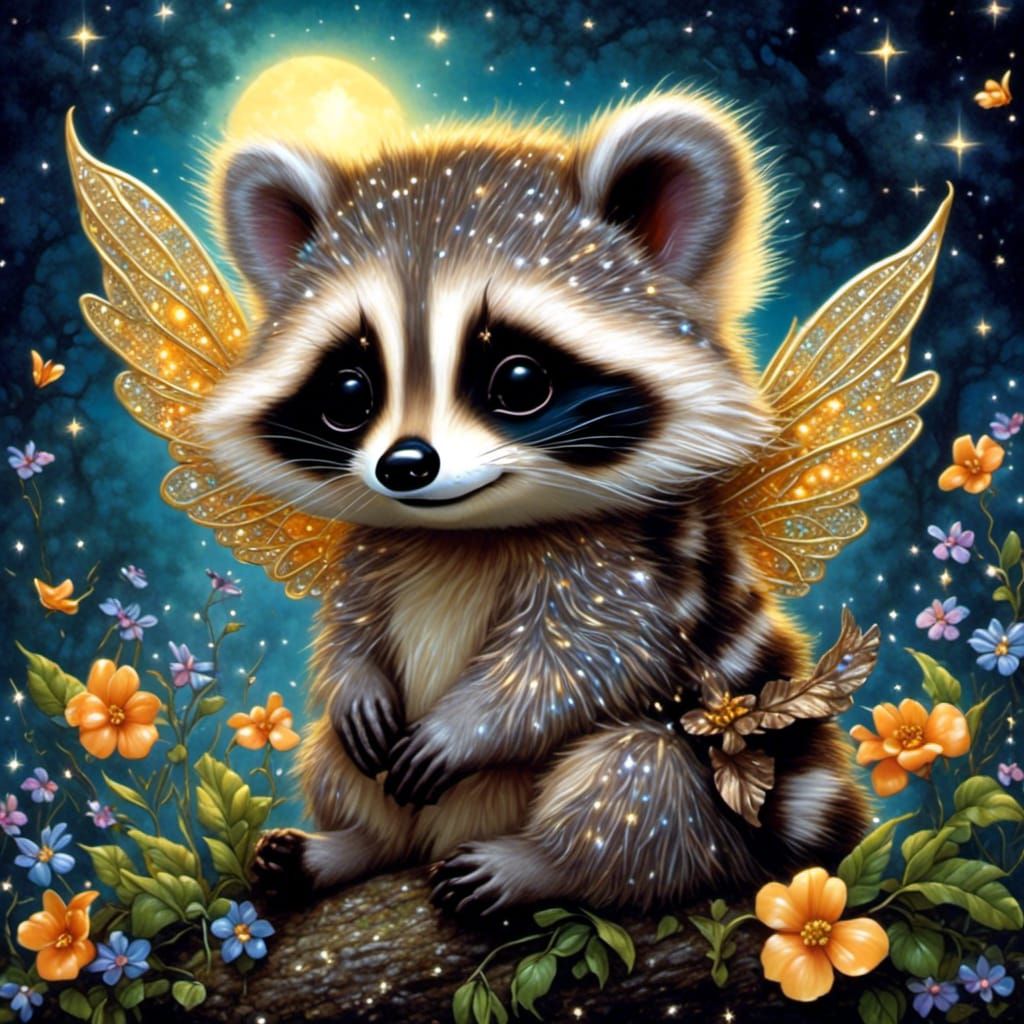 Adorable Fairy Raccoon with Glittering Wings