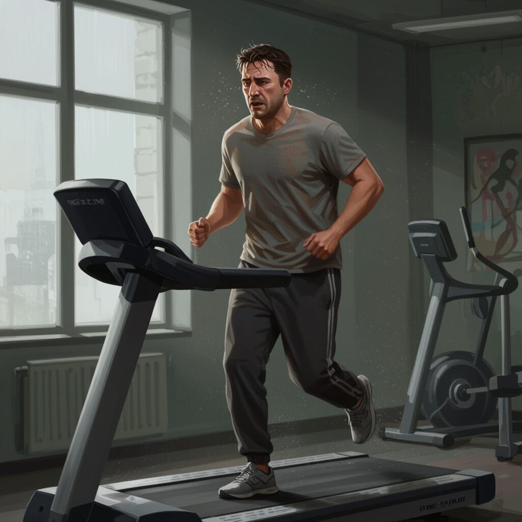 Man's Exhaustion on Treadmill: Realistic Gym Scene