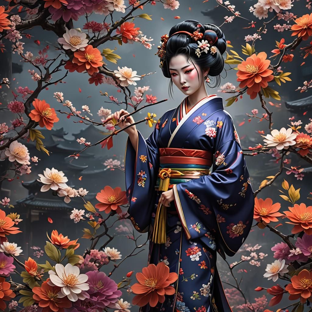 Geisha in Kimono with Flowers: Fantasy Art