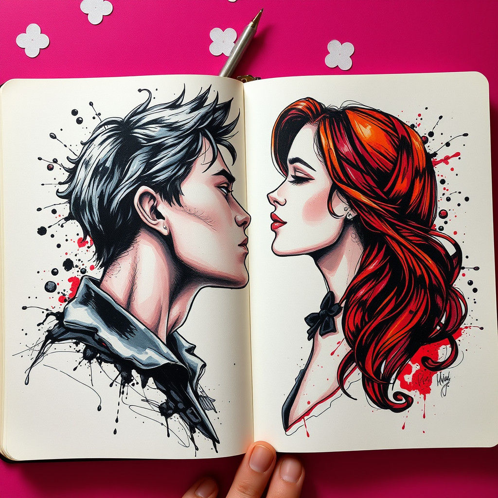 Romance Novel Ink Illustrations in Notebook
