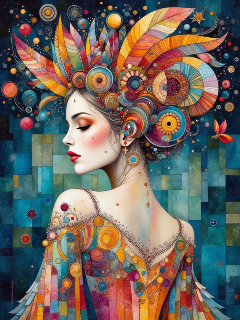 Surreal Showgirl Portrait in Watercolor and Ink