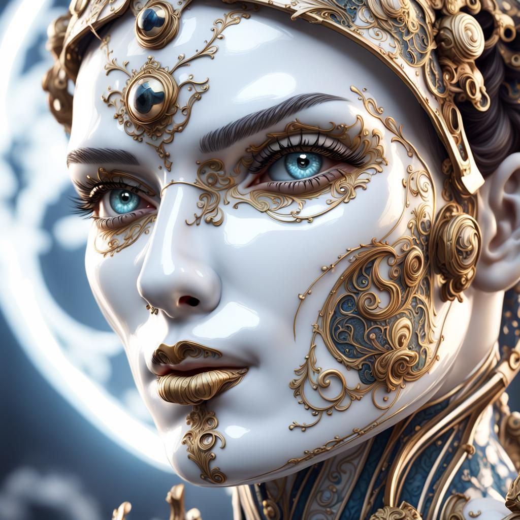 Porcelain Cyborg Woman in Baroque Rococo Style