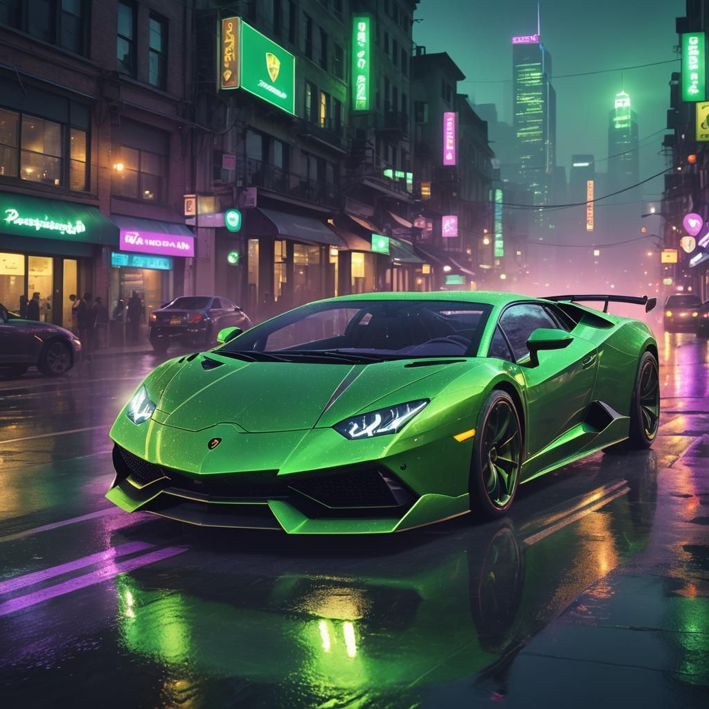 Neon Lamborghini Speeding Through a Cyberpunk Cityscape